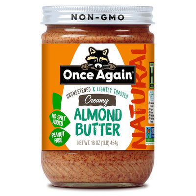 Once Again Almond Butter 16oz Glass Jar / 1 Jar Creamy Natural Almond Butter - Lightly Toasted