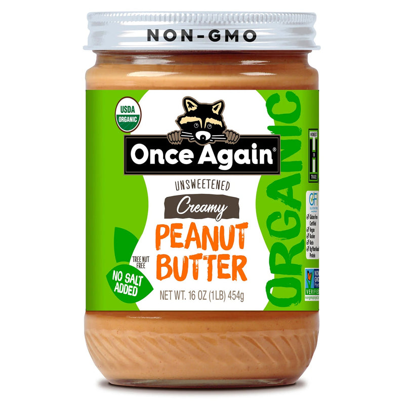 Once Again Peanut Butter 16oz Glass Jar / 1 Jar Creamy Organic Peanut Butter - Salt Free