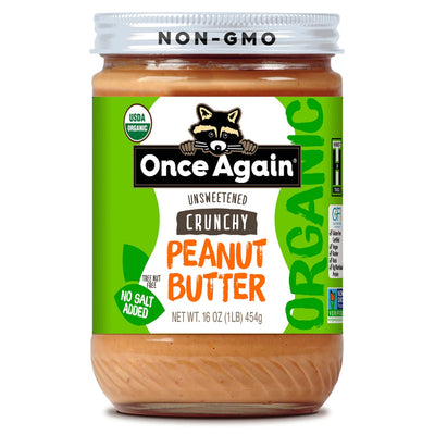 Once Again Peanut Butter 16oz Glass Jar / 1 Jar Crunchy Organic Peanut Butter - Salt Free