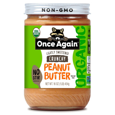 Once Again Peanut Butter 16oz Glass Jar / 1 Jar No Stir Crunchy Organic Peanut Butter - Lightly Sweetened & Salted