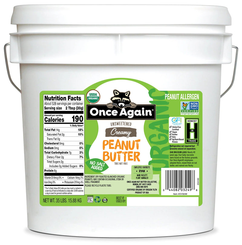 Once Again Peanut Butter 35 lbs Bucket / Each Creamy Organic Peanut Butter Bucket - Salt Free - 35 lbs