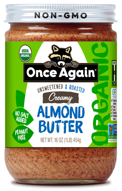 Once Again almond butter 16oz Glass Jar / Each Organic Creamy Almond Butter, Roasted - Salt Free, Unsweetened - 16 oz