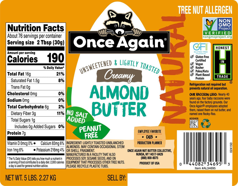 Once Again Almond Butter 5 lbs Bucket / Each Natural Creamy Almond Butter, Roasted - Salt Free, Unsweetened - 5 lbs Pantry Pack Bucket