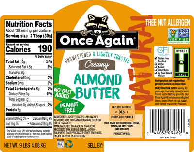 Once Again Almond Butter 9 lbs Bucket / Each Natural Creamy Almond Butter, Lightly Toasted - Salt Free, Unsweetened - 9 lbs