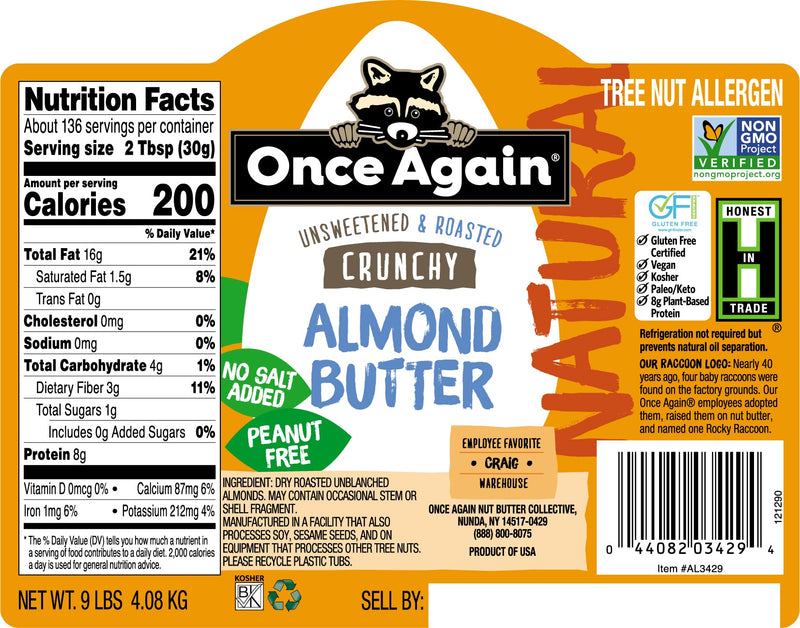 Once Again Almond Butter 9 lbs Bucket / Each Natural Crunchy Almond Butter, Roasted - Salt Free, Unsweetened - 9 lbs