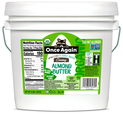 Once Again Almond Butter 9 lbs Bucket / Each Organic Creamy Almond Butter, Lightly Toasted - Salt Free, Unsweetened - 9 lbs