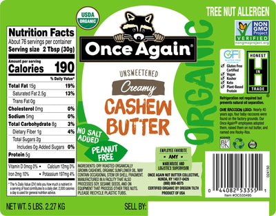 Once Again Cashew Butter 5 lbs Bucket / Each Organic Cashew Butter - Unsweetened - 5 lbs Pantry Pack Bucket