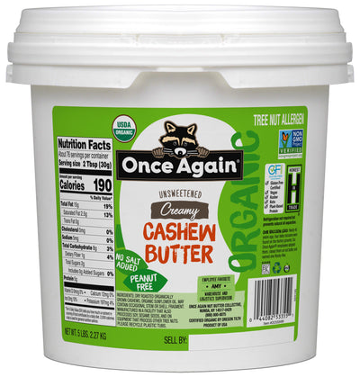 Once Again Cashew Butter 5 lbs Bucket / Each Organic Cashew Butter - Unsweetened - 5 lbs Pantry Pack Bucket