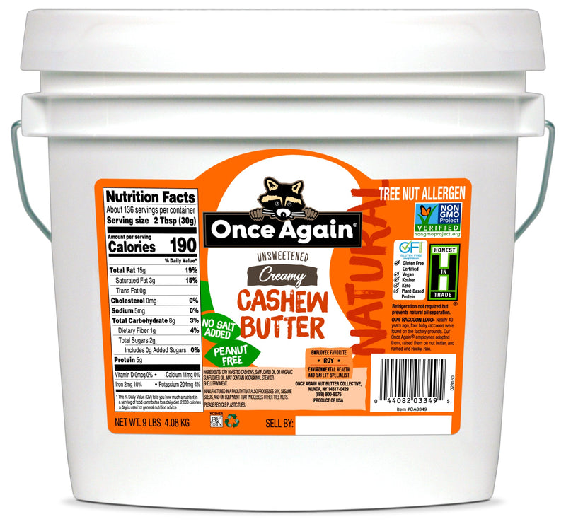 Once Again Cashew Butter 9 lbs Bucket / Each Natural Creamy Cashew Butter - Unsweetened - 9 lbs