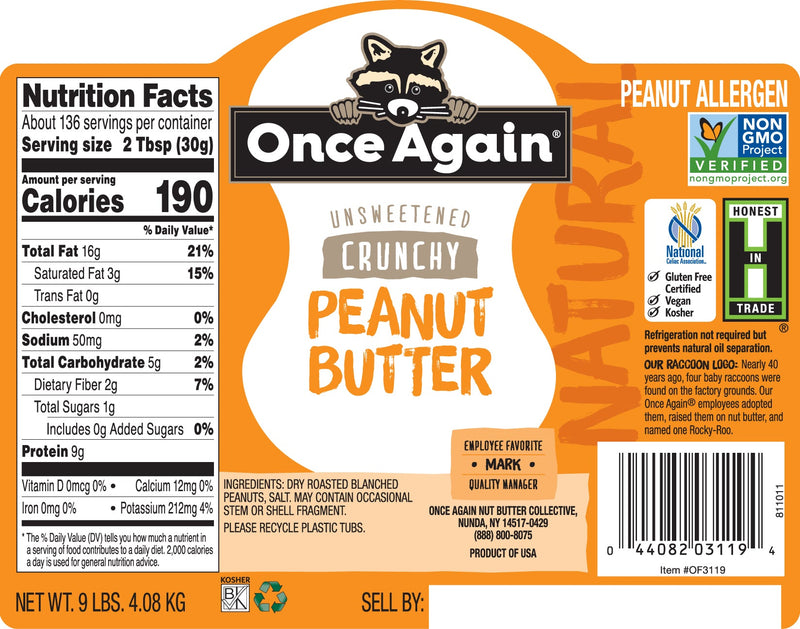 Once Again Nut Butter Peanut Butter 9 lbs Bucket / Each Natural Crunchy Peanut Butter - Lightly Salted, Unsweetened - 9 lbs