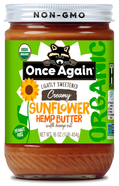 Once Again Sunflower Butter 16oz Glass Jar / Each Organic Sunflower Hemp Butter with Hemp Oil - Lightly Salted & Sweetened - 16 oz