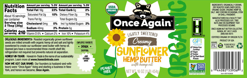 Once Again Sunflower Butter Organic Sunflower Hemp Butter with Hemp Oil - Lightly Salted & Sweetened - 16 oz