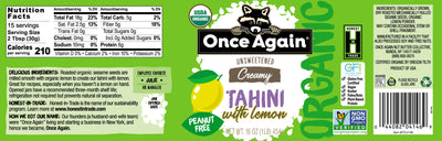 Once Again Tahini 16oz Glass Jar / Each Organic Sesame Tahini with Lemon - Salt Free, Unsweetened - 16 oz